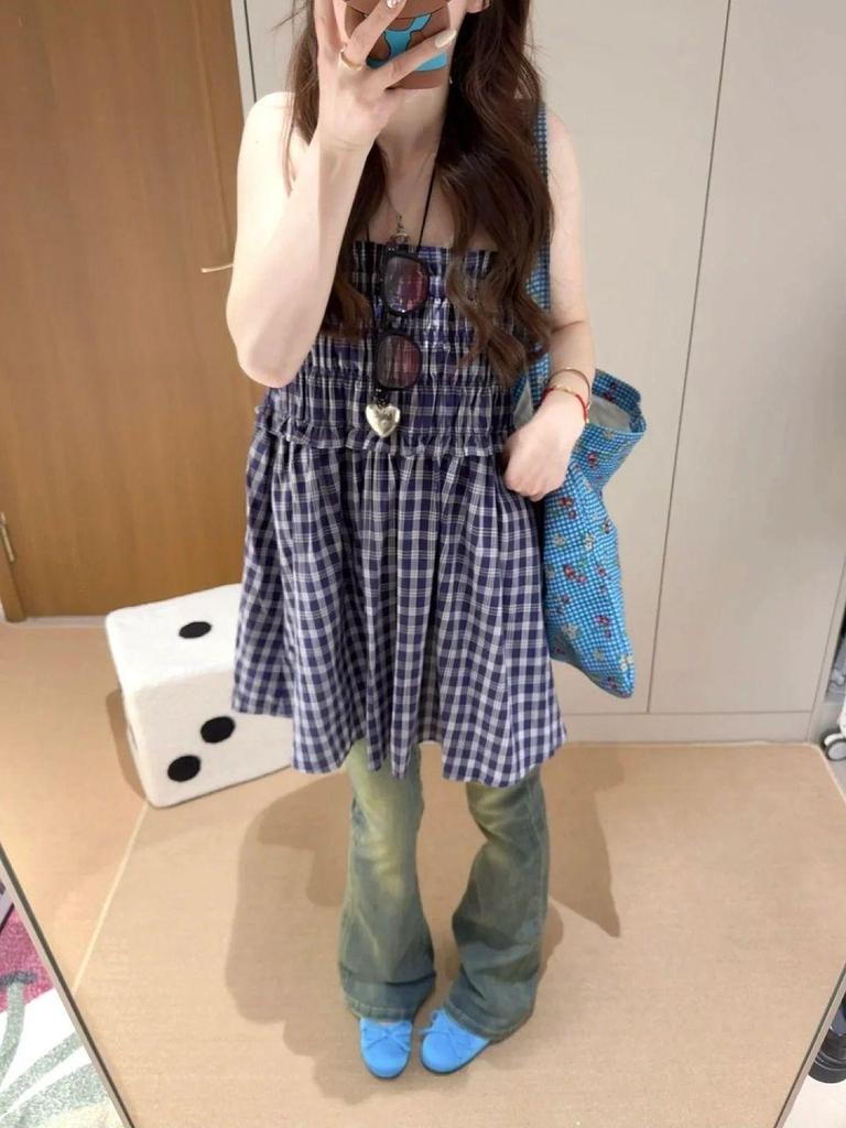 Blue Plaid Women's High Waist A-Line Midi Skirt - Petite, Versatile, and Loose-Fitting.