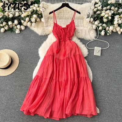 Women's Fashion Summer Spring Solid Color Print Sleeveless High Waist Casual Dresses