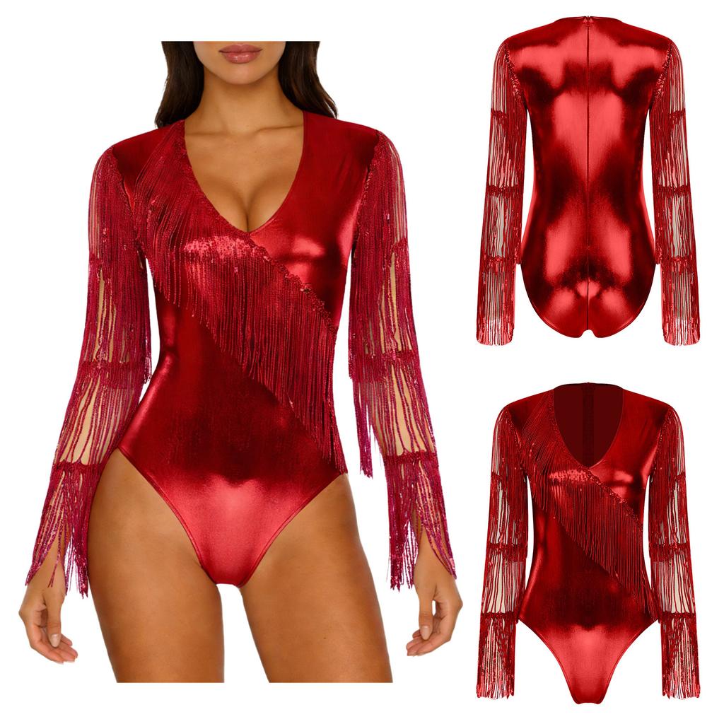 Damen Glänzender Metallischer Club Body Stufig Pailletten Quasten Netz Langarm Tanz Jumpsuit