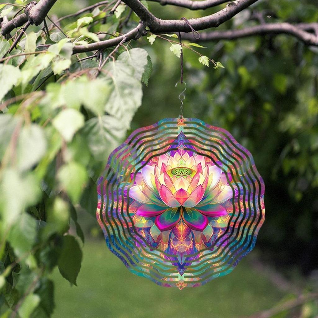 10-Inch Bohemian Style Metal Mandala Flower Wind Chime - Vibrant Double-Sided Print, Battery-Free with Hook, Ideal for Garden & Patio Decor