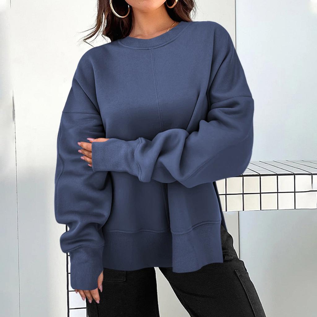 Damen-Sweatshirt mit Rundhalsausschnitt, einfarbig, Schlitz, lässiges Oberteil, lockeres Langarmoberteil