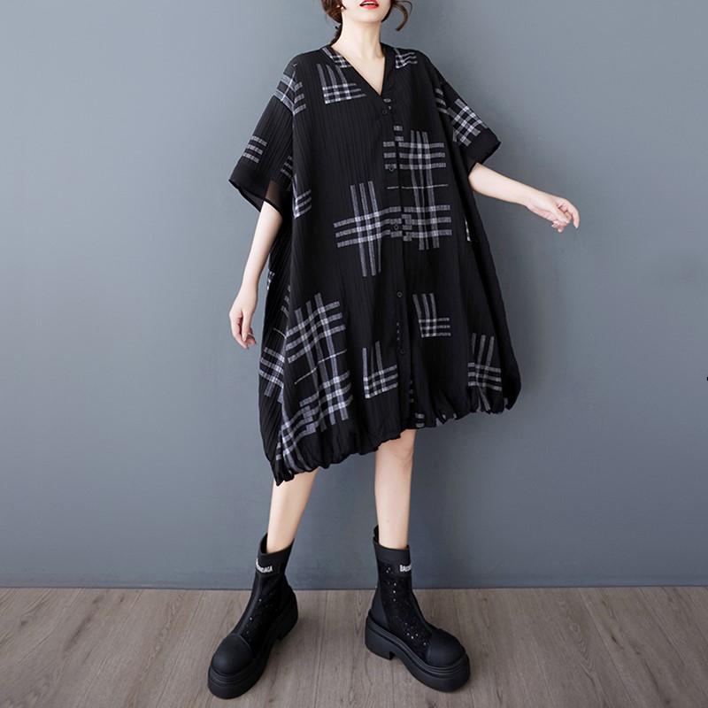 Short Sleeve Plus Size Black Vintage Plaid New In Dresses for Women Casual Loose Midi Summer Shirt Dress