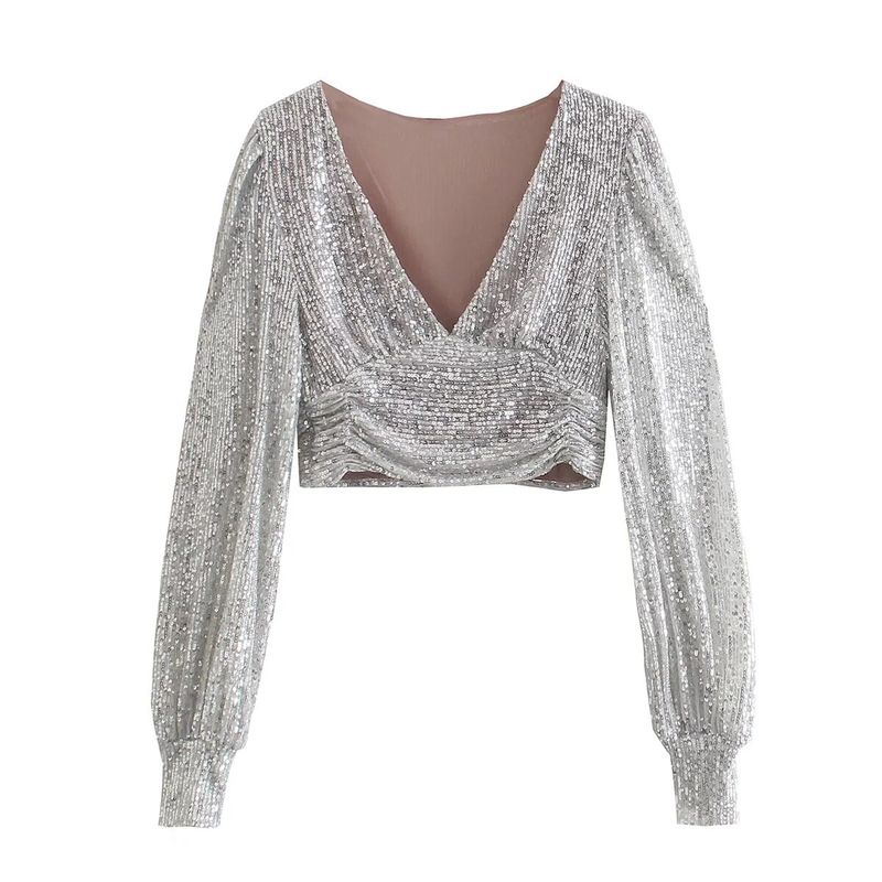 

Fashion Style 2022 New Arrival Party Tarpaulin Sleeve Sequin Blouse Ins Short Deep V Neck Long Sleeves Sequin Outwear Women Picture Color S