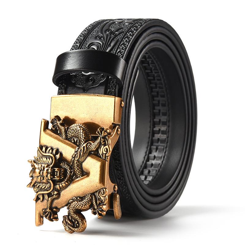 Men's Retro Dragon Head Genuine Leather Belt with Carved Embossed Design