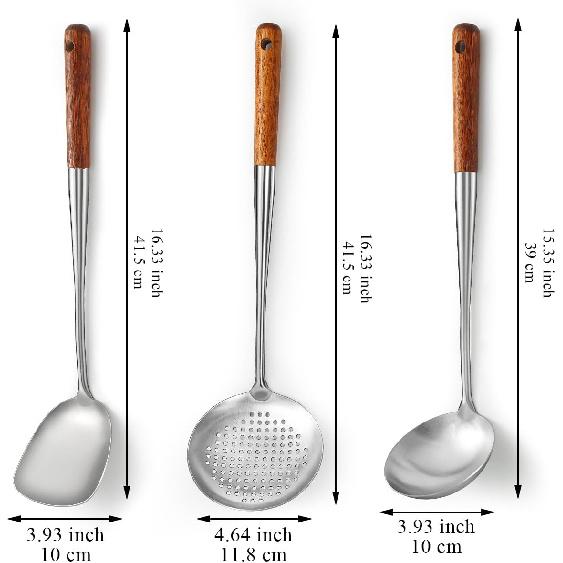 Evanda Wok Spatula Set 17 , Heat Resistant Wood Handle Stainless Steel Wok Tools, Ladle, Metal Spatula, Kitchen Skimmer, Professional Kitchen Cooking