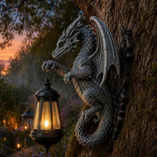 Solar Dragon Wall Light Vintage Resin Outdoor Dragon Sculpture Lamp Waterproof Gothic Garden