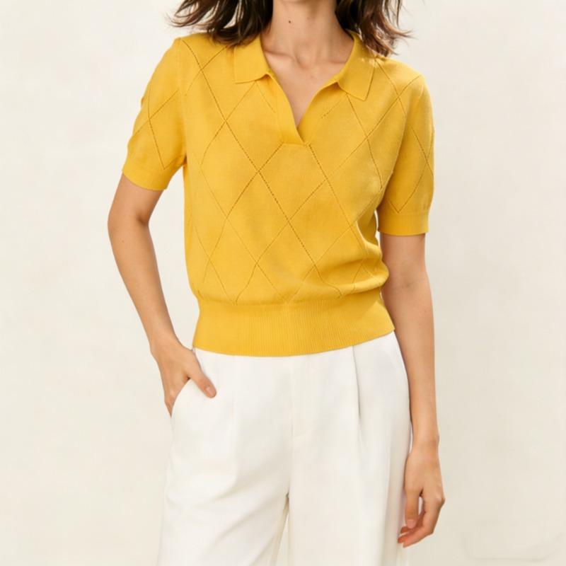 Women Summer Thin Knit Polo Collar Short Sleeve Slim Commute Top