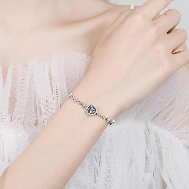 S925 Sterling Sølv Rund Veske Armbånd for Kvinner, Klassisk Boblebelagt Pt950 Gull Ett Karat Moissanitt Armbånd