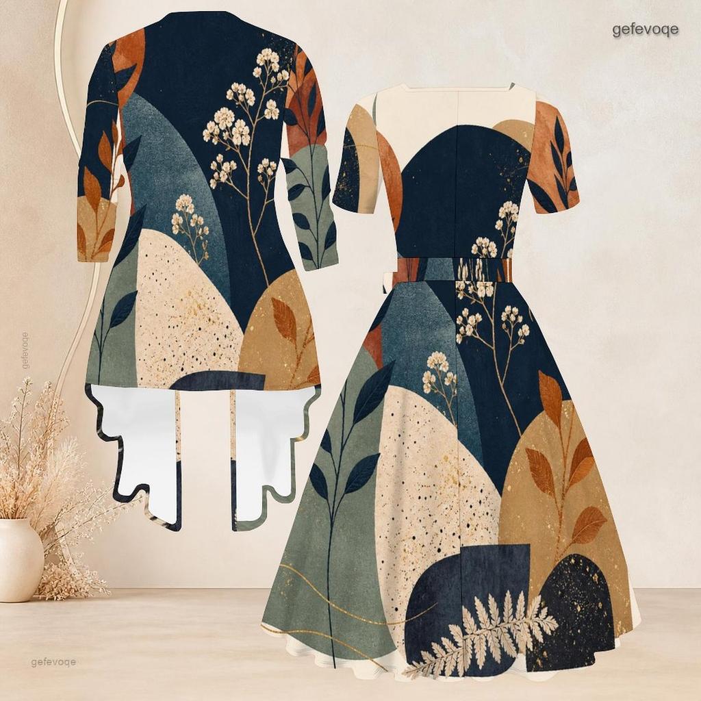 Women Plus Size Two Piece Set Square Neck Short Sleeve Tie Waist Printed Flared Dress 3 4 Sleeve Open Cardigan Blue White