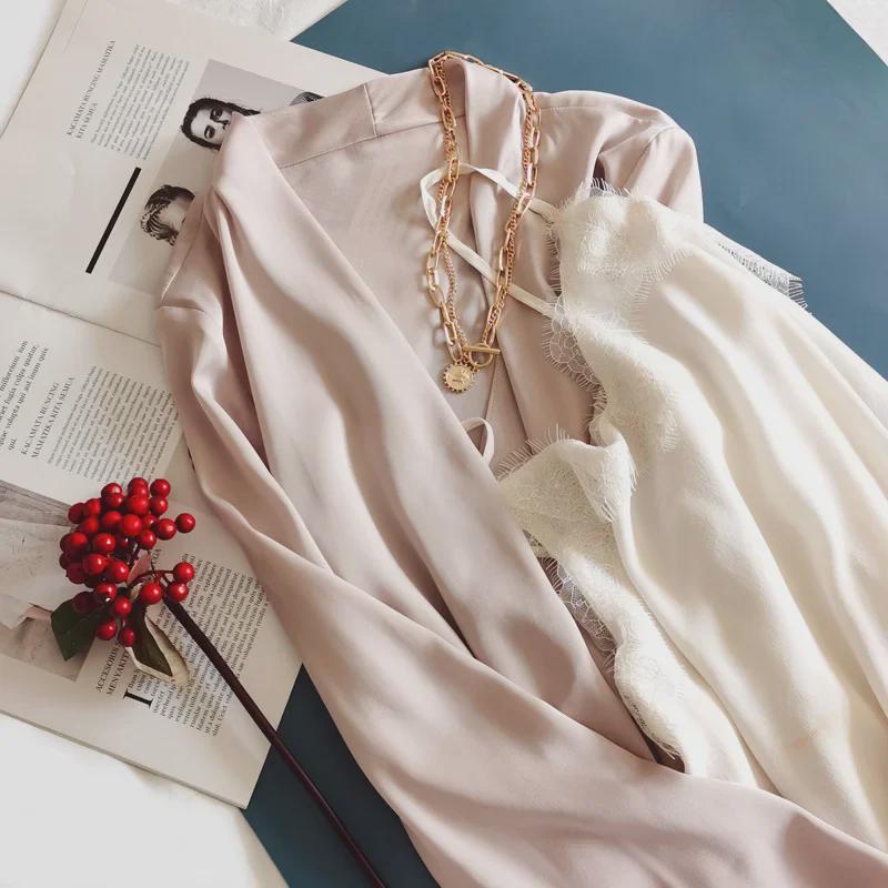 Clearance Women's V-Neck Long-Sleeve Silk Shirt - Fashionable Cream Pink with Swing Collar