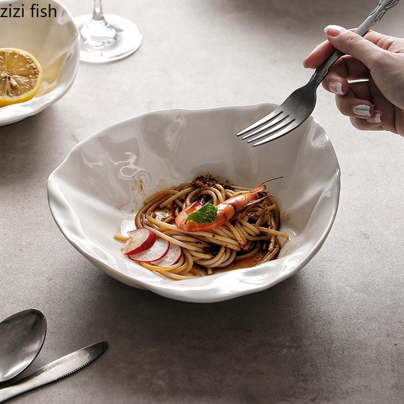 Pure White Irregular Ceramic Wrinkled Bowl Restaurant Salad Bowl Soup Bowl Pasta Bowls Molecular Food Specialty Tableware