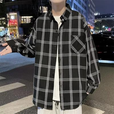 Camisa solta xadrez de lapela casual 2024 para homens de meia-idade e jovens, jaqueta casual de moda empresarial para homens