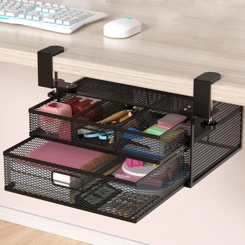 Ergonomic Office Drawer Storage Unit Black Metal Construction Double Access Compartments Under Desk Organizer