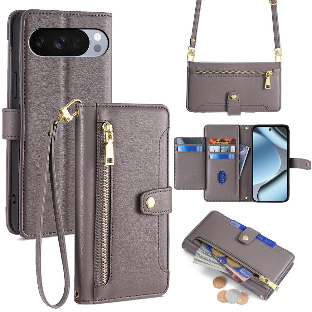 For Google Pixel 10 Pro XL Leather Case Zipper Pocket Wallet Phone Cover with 2 Straps