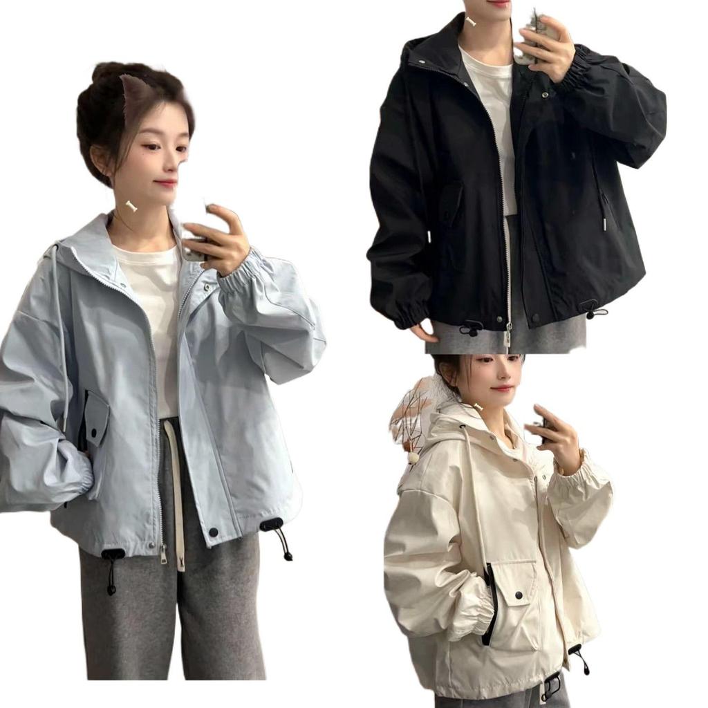 2025 Spring-Autumn Hooded Petite Windbreaker Jacket - Loose, Versatile, and Stylish Workwear Top