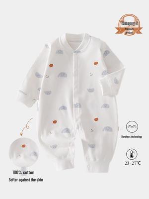 A-Class Pure Cotton Baby Romper: Soft Snap-Button One-Piece Suit with Belly Protection for Spring and Autumn.
