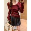 Red Floral Off-the-Shoulder Knit Sweater, Women's Slim Fit, Long Sleeve, Ruffle Trim, Autumn/Winter 2025 Collection.