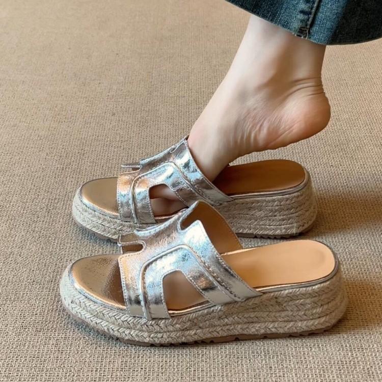 Sheepskin Version~ Genuine Leather Retro Round Head Thick-soled One-word Slippers for Women's Summer Wear Straw Muffin Shoes, High-heeled Cool Slippe