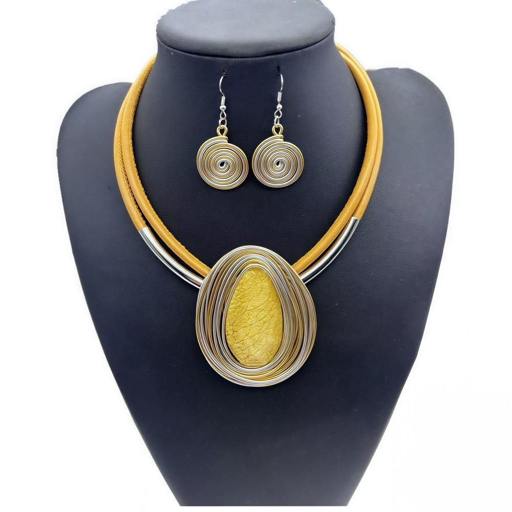 Water Drop Necklace Earrings Set Aluminum Wire Handmade Braided Jewelry Set Resin Gems Lightweight Earring Necklace Combo