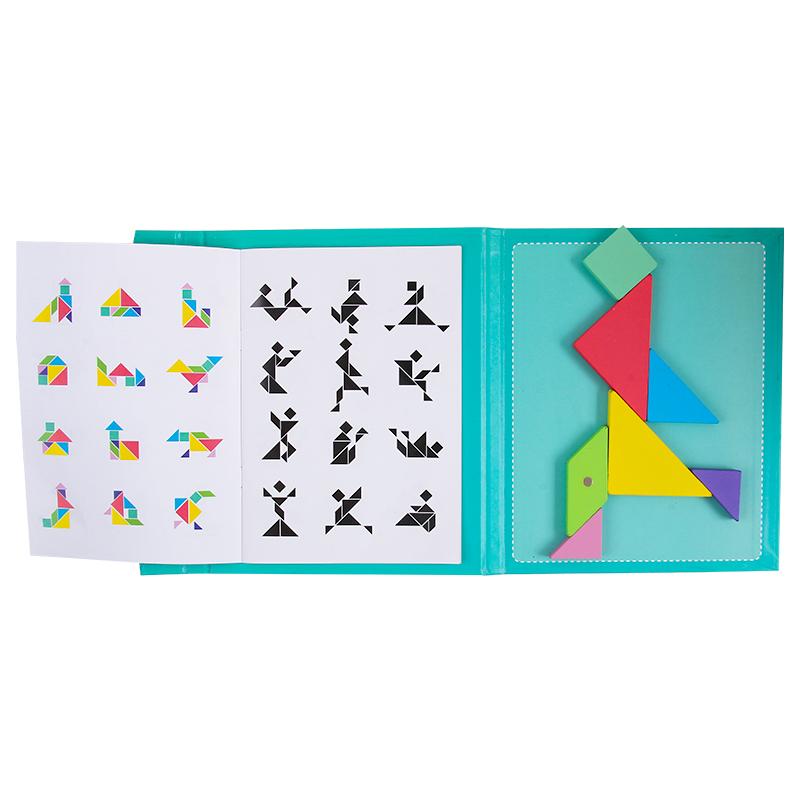Popular Magnetic Jigsaw Game 3D Geometric Shapes Tangram Board Kids Montessori Games For Kids Educational Wooden Toys