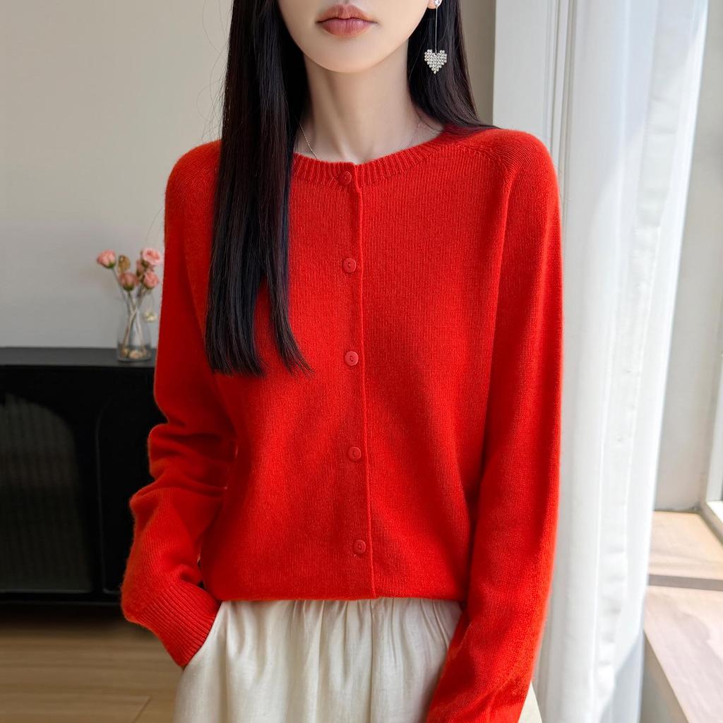 Women's Round Neck Loose Wool Cardigan - Autumn/Winter Seamless Knit, Seven-Stitch, Long Sleeve Sweater.