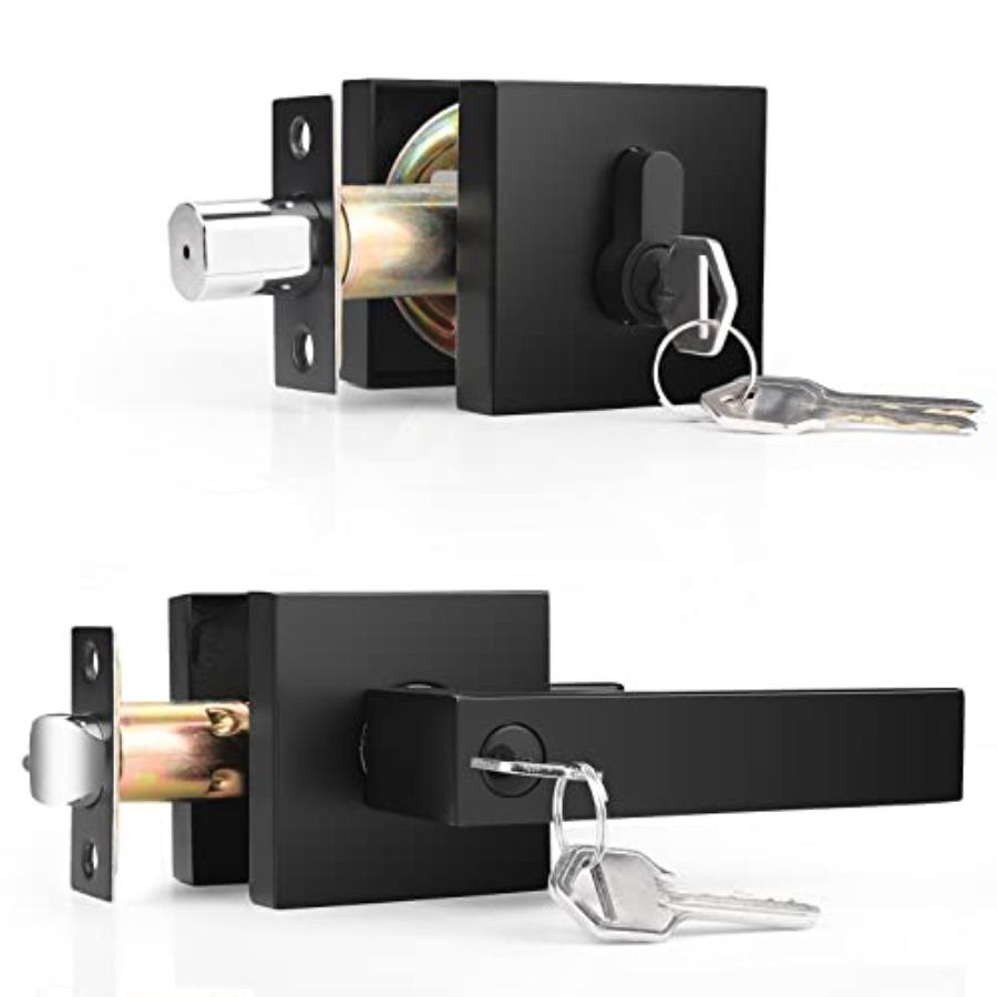 Flat Entry Levers Lock Sets and Single Cylinder Deadbolts Keyed Alike Combination Set, Heavy Duty Square Entry Door Locksets Fr 1Pack чёрный