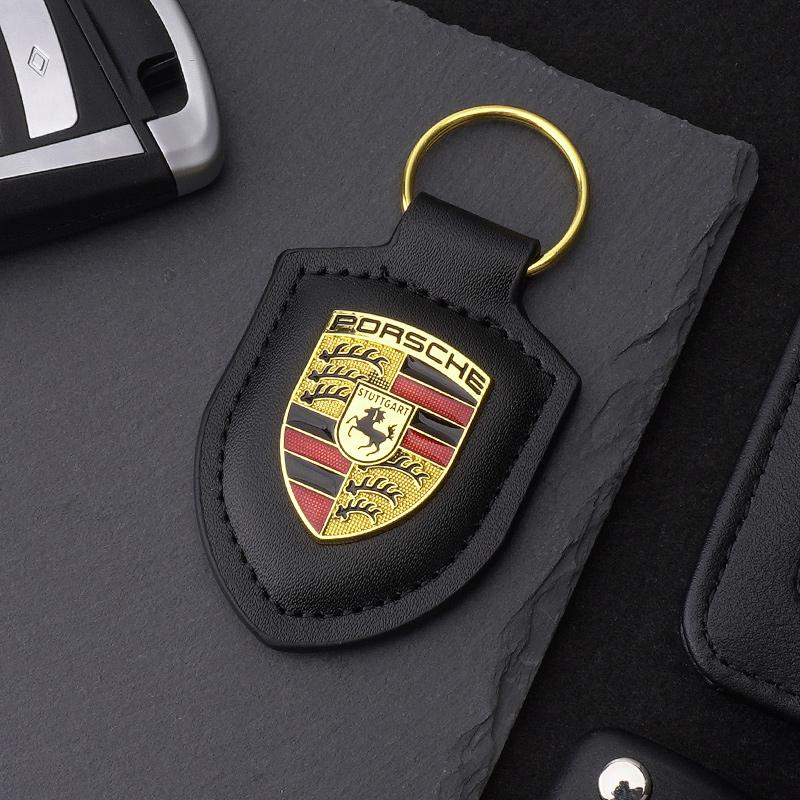 High Quality PU Leather Car Keychain Shield Alloy Keyring Pendant Gift For Porsche Cayenne Panamera Macan Boxster Cayman Sticker Mszh62