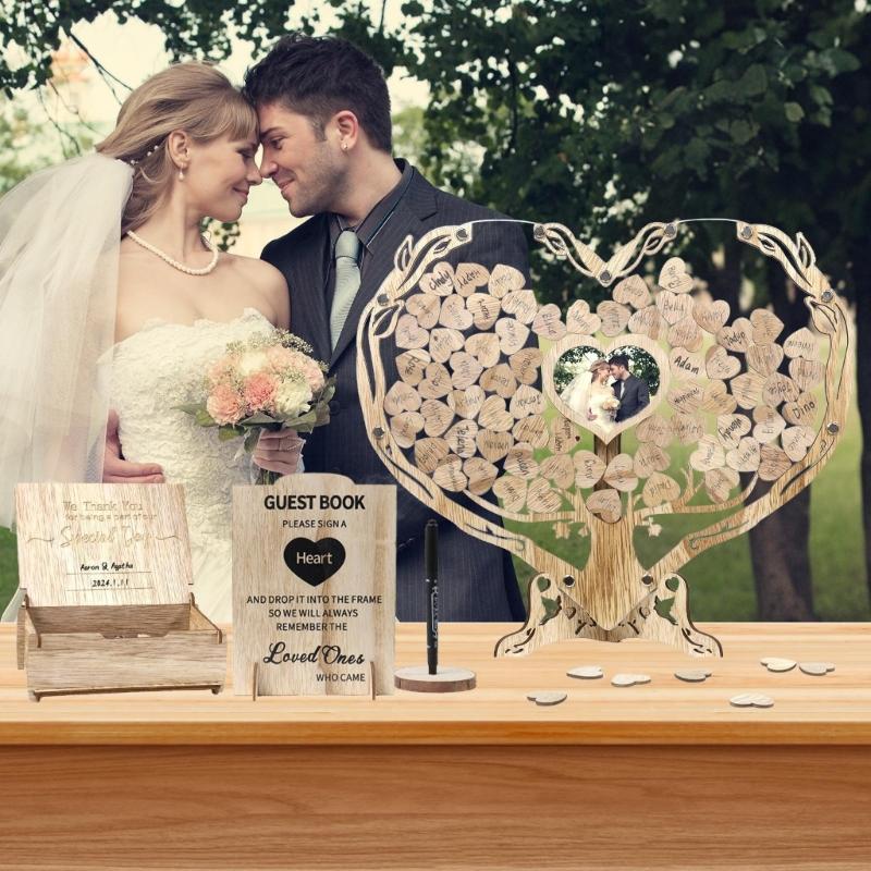 Romantics Wooden Wedding Guest Book With Heart Picture Frame For Bridals Shower And Anniversary Celebration
