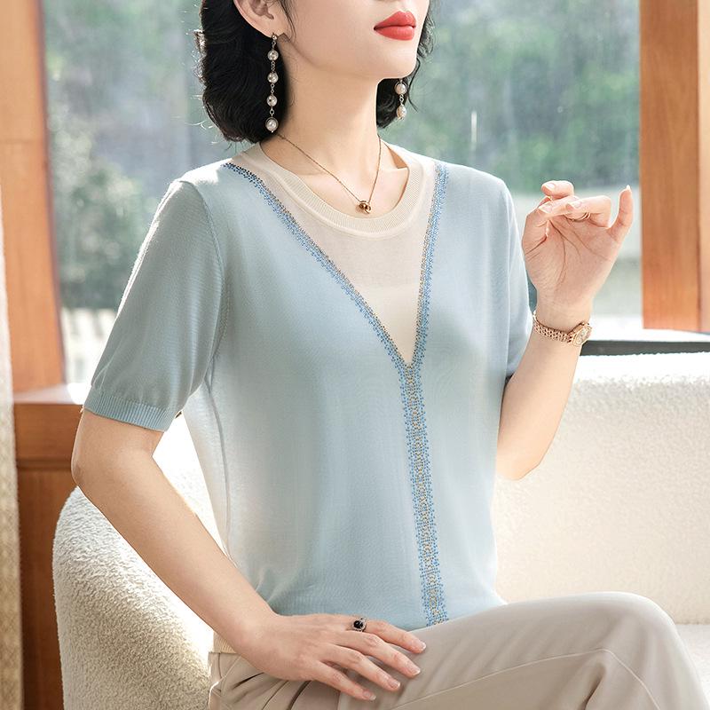 

Mother s Day Silk Short-Sleeve T-Shirt & Stylish Wide-Leg Knit Cardigan for Middle-Aged Women 4XL (135-150 jins) синий