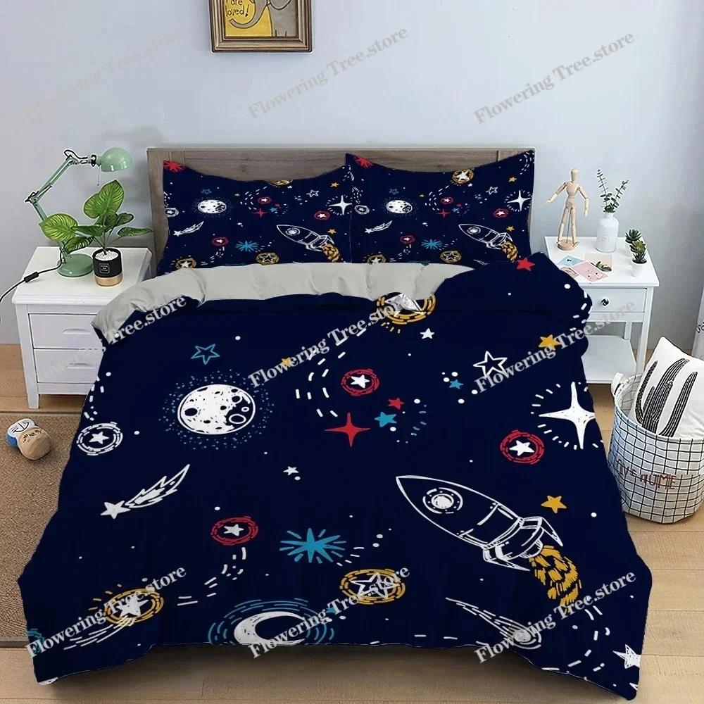 Cartoon Astronaut Outer Space Bedding Set Teens Boys Home Piece Duvet Cover Set Pillowcase Single Twin King Quilt Cover Set