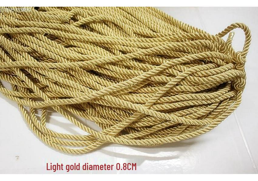 8mm Light Gold Round Rope: Three-Strand, Twisted, Solid Color, Decorative, Thick & Thin, Patterned, Fabric-Edged Large