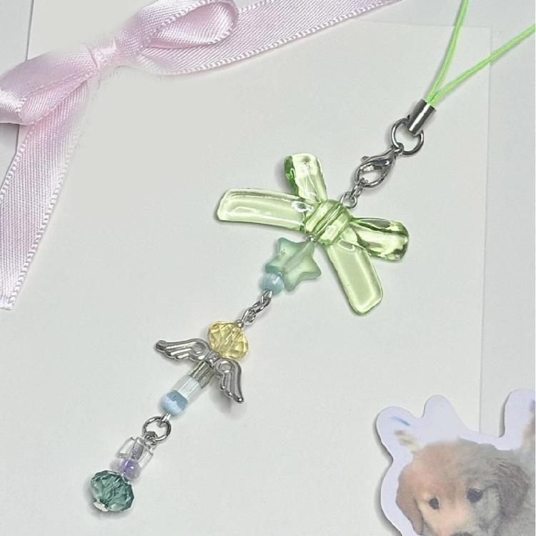 Resin Bead Phone Lanyard with Bowknot Star Charm Beaded Keychain Fashionable Bag Pendant Accessory for Women Girls