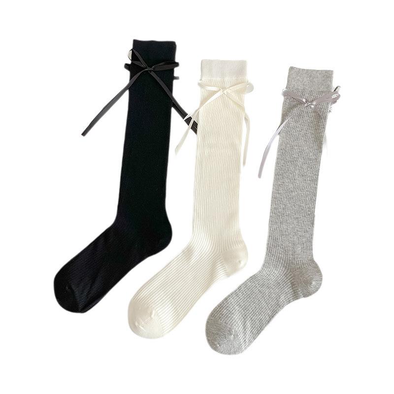 Ribbon Bow Socks Thin Calf Socks White Ballet Style Pile Socks Trendy Socks