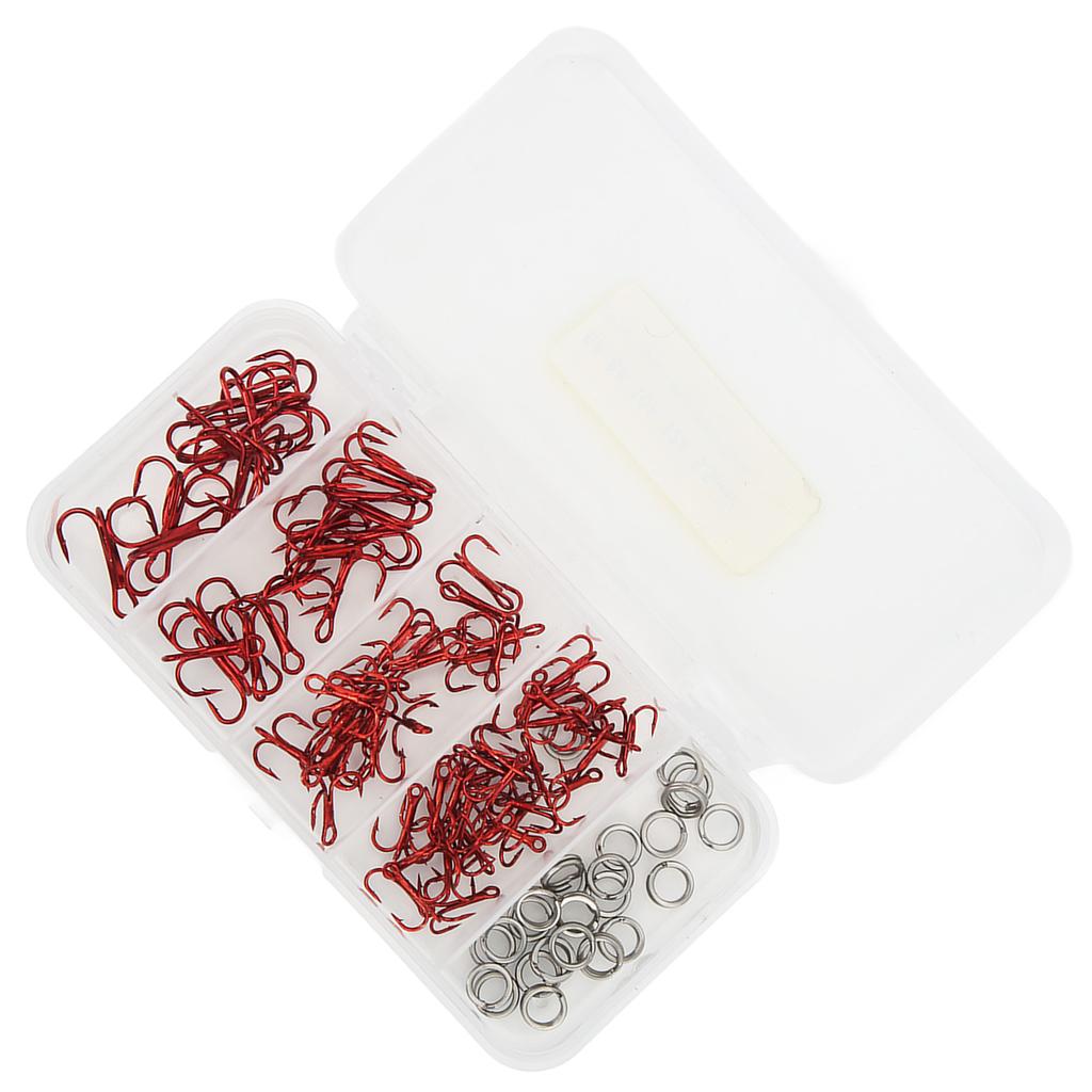 100pcs Treble Fishing Hooks and Double Ring High Carbon Steel Triple Barbed Hook Fishing Accessories with Storage Box