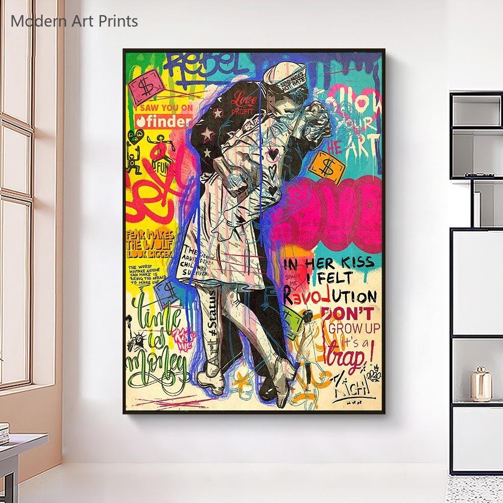 Victory Kiss Posters and Prints Graffiti Pop Art Victory Kiss Canvas Painting Wall Picture for Living Room Home Decor Cuadros
