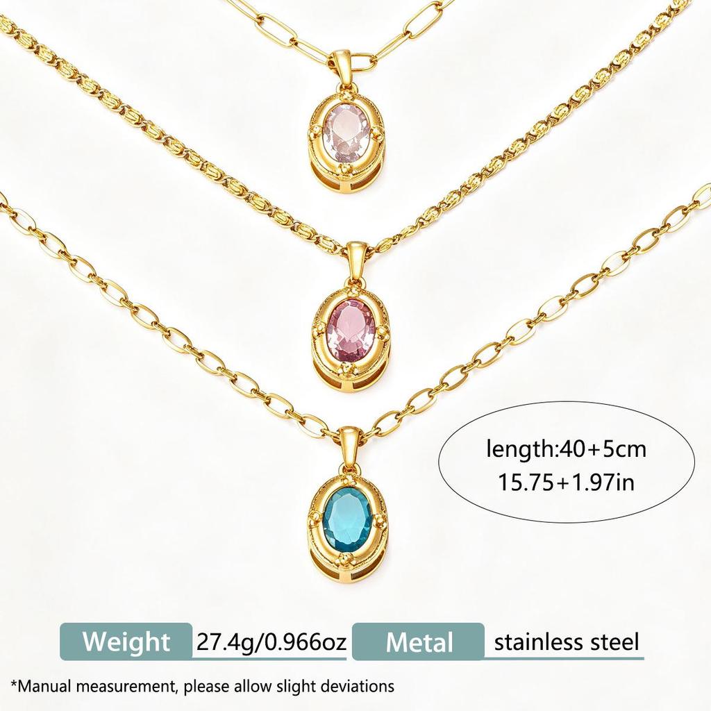 Natural Stone Zirconium Stainless Steel Necklace - Women's French Retro Clavicle Chain