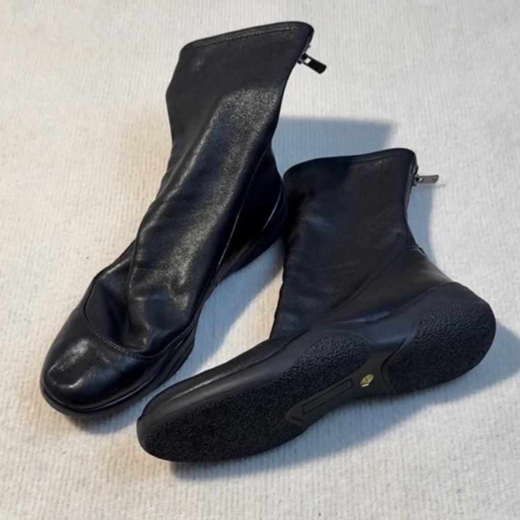 Cowhide Version~ Leather Round Head Thick Sole Retro Black Short Boots Women's Autumn and Winter Down Boots Elastic Thin Boots Martin Boots