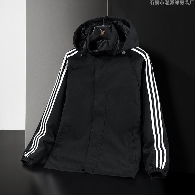 Men's Jacket New Spring and Autumn Trendy Brand Hooded Jacket Three-bar Trendy Sports and Casual Top Autumn Clothes