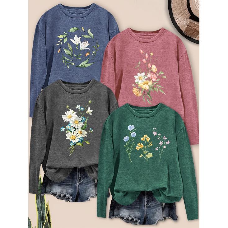 Elegant women's clothing with beautiful lines and floral print patterns, casual round-neck long-sleeve for spring, summer, autumn, and winter4Pieces