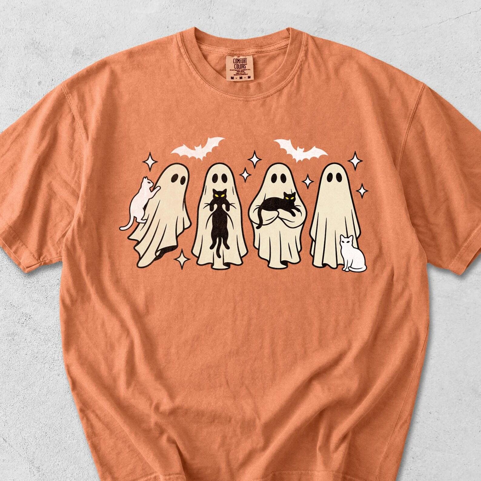 Ghost Cat Halloween Shirt, Spooky Season Kawaii Cats, Comfort Colors Tee M