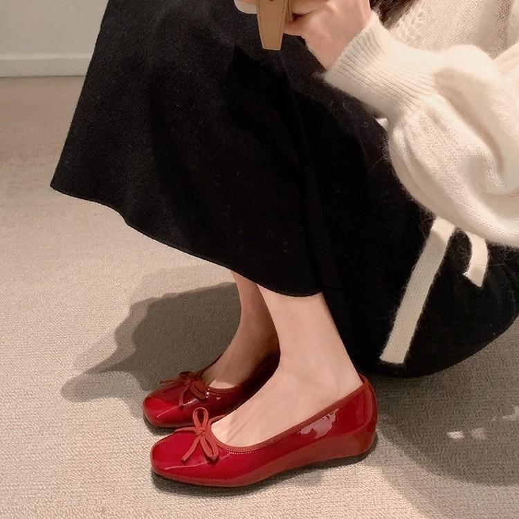 Sheepskin~ The same inner height increase leather square head bow commuter ballet shoes women's flat shoes