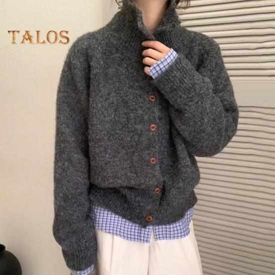 Women Plush Sweater Coat High Collar Long Sleeve Loose Fit Design Knitting Sweater Buttons Closure Knitwear