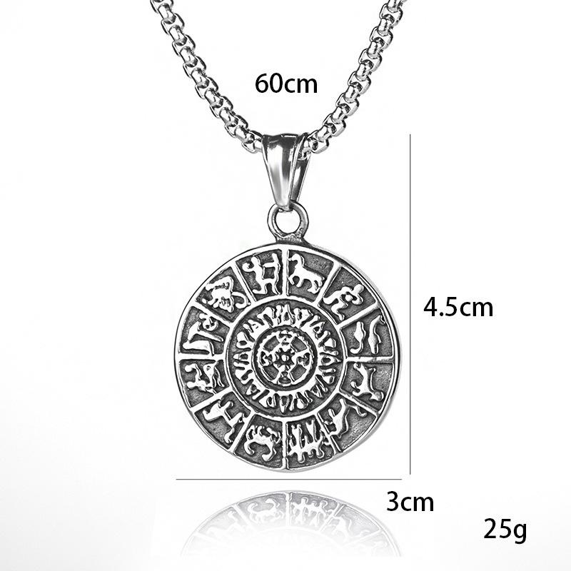 Titanium Steel Double Sided Twelve Constellation Round Brand Necklace Vintage Titanium Steel Hip Hop Pendant