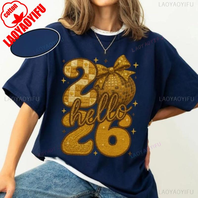 

DTF Faux Yarn Happy Trendy New Years Eve Pink Teal Sequins Glitter Coquette Bow Design Hello 2026 Crewneck Tops Tee Shirt Short 4XL