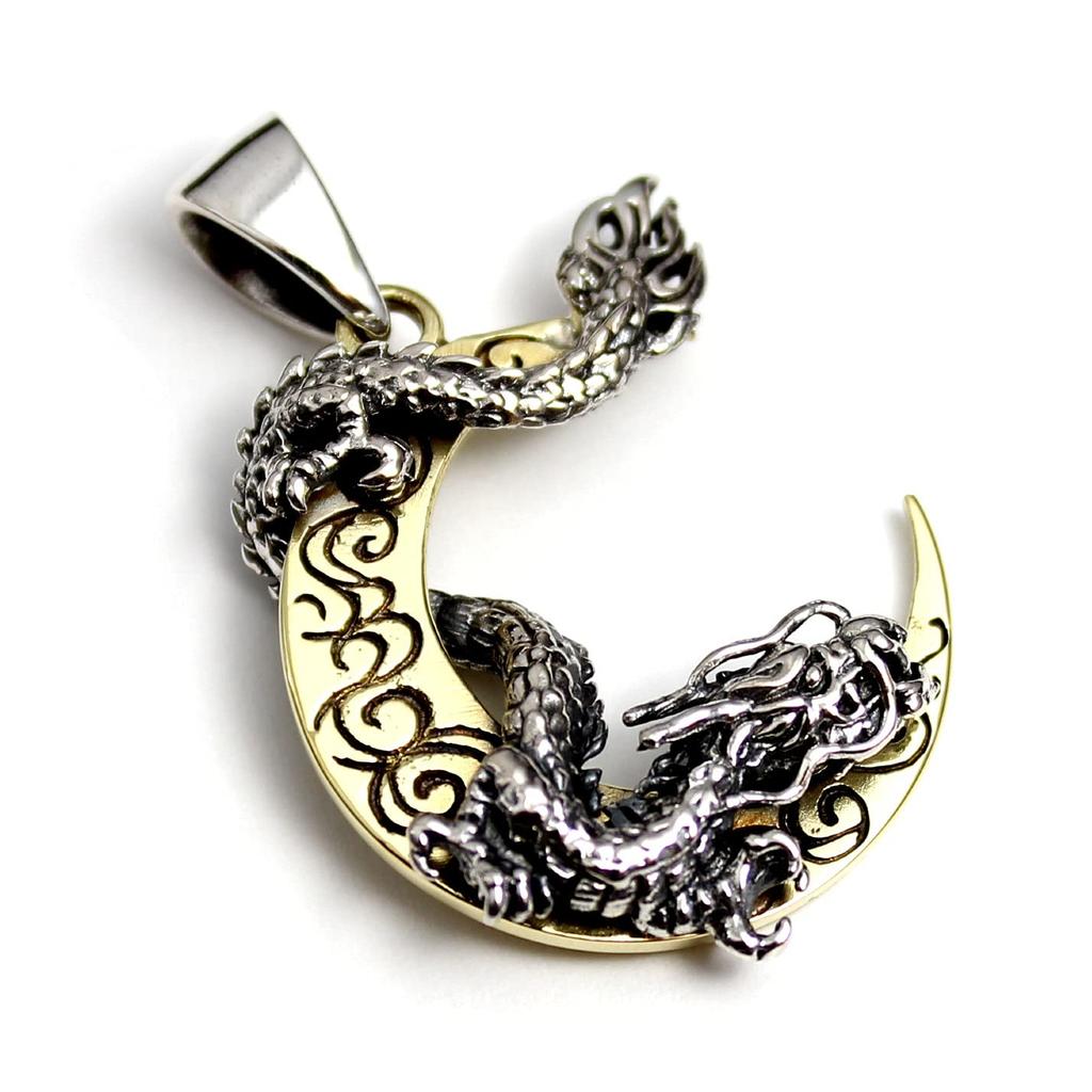 goodvibrations Dragon, Crescent Moon, Japanese Pattern, Silver 925 Pendant
