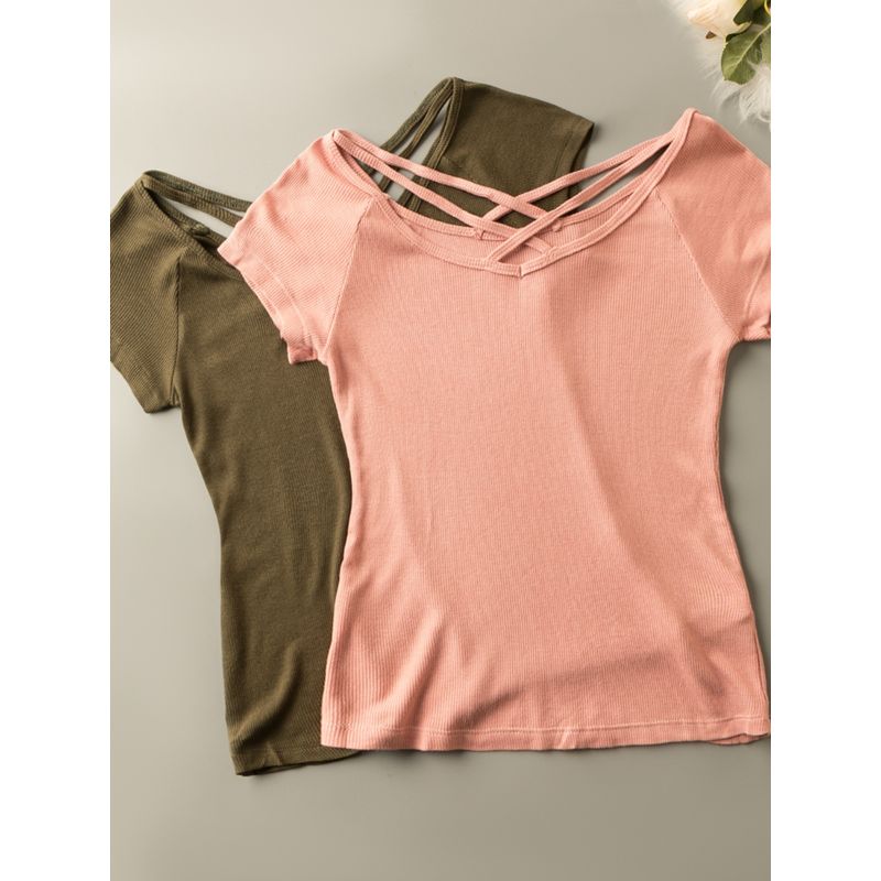 

Spring & Fall Export K-style New Arrival Silm Slim Looking Temperament Wild Short V-neck Short Sleeve Pullover T-shirt Tops Black S