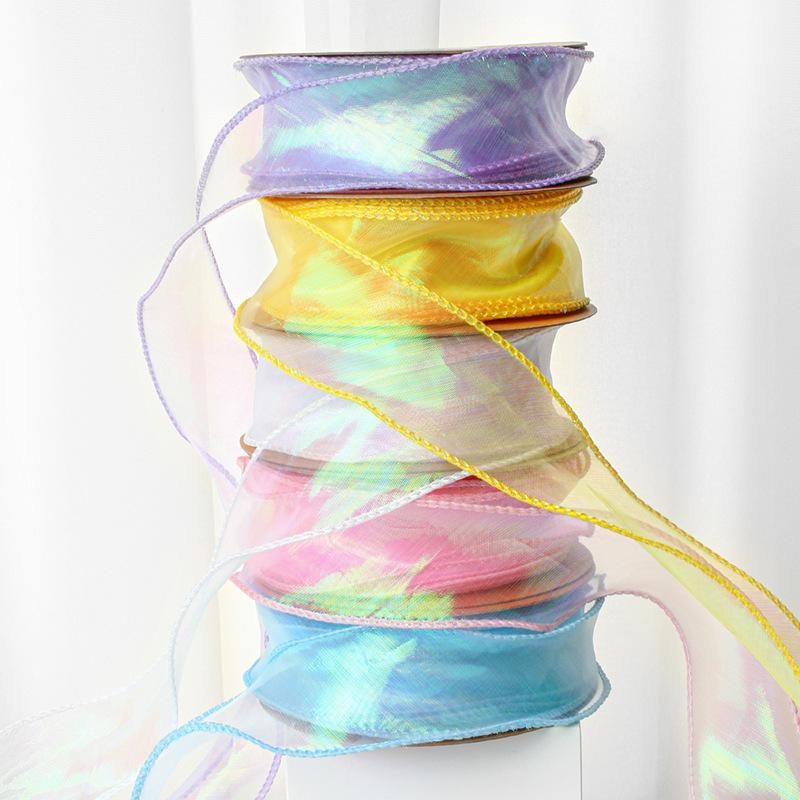 Fishtail Yarn Ribbon Bouquet Packaging Material Rainbow Color Lace Tail Yarn Ribbon Wave Chiffon Yarn Gift Strap