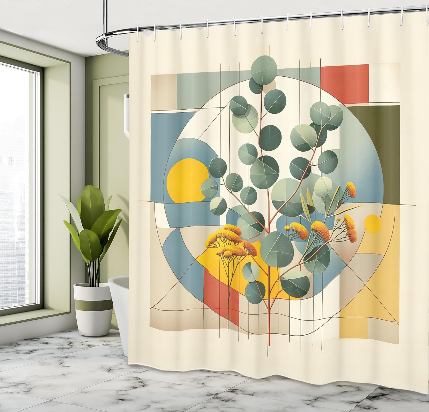 

Eucalyptus Leaves Shower Curtain, Circular Branches In Classic Mid Century Modern Influences, Cloth Fabric Bathroom De W60H190(CM)-1 Pcs