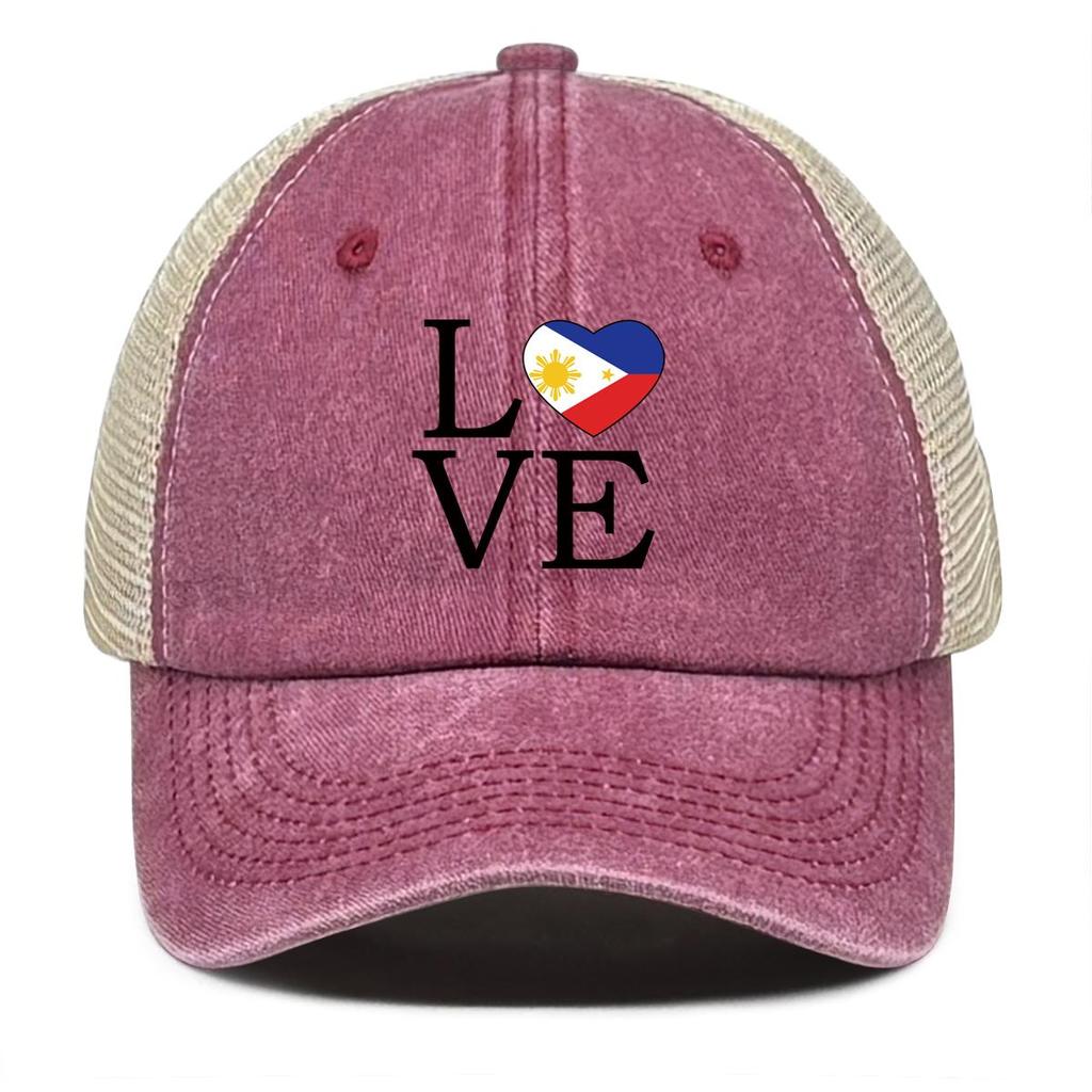 LOVE" Philippine Flag Print Snapback Mesh Cap, Patriotic Man's Cap Distressed Vintage-Inspired Inelastic Simple Adjustable Trucker Hat