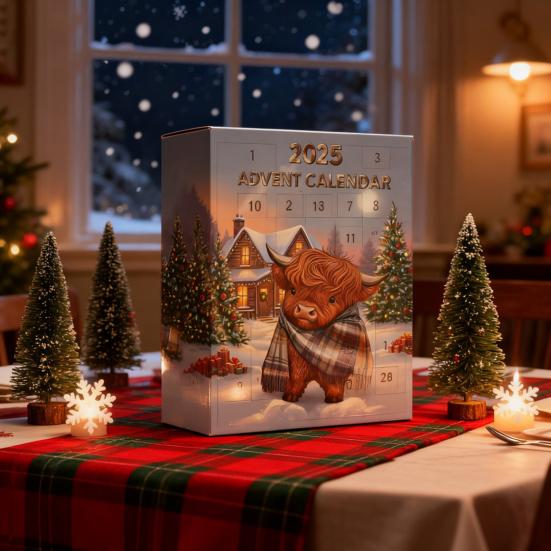 Skládací adventní kalendář s skotským náhorním skotem 24denní vánoční odpočítávací kalendář Dekorace se skotským náhorním skotem pro domov Farmářská dekorace Dětský sváteční dárek